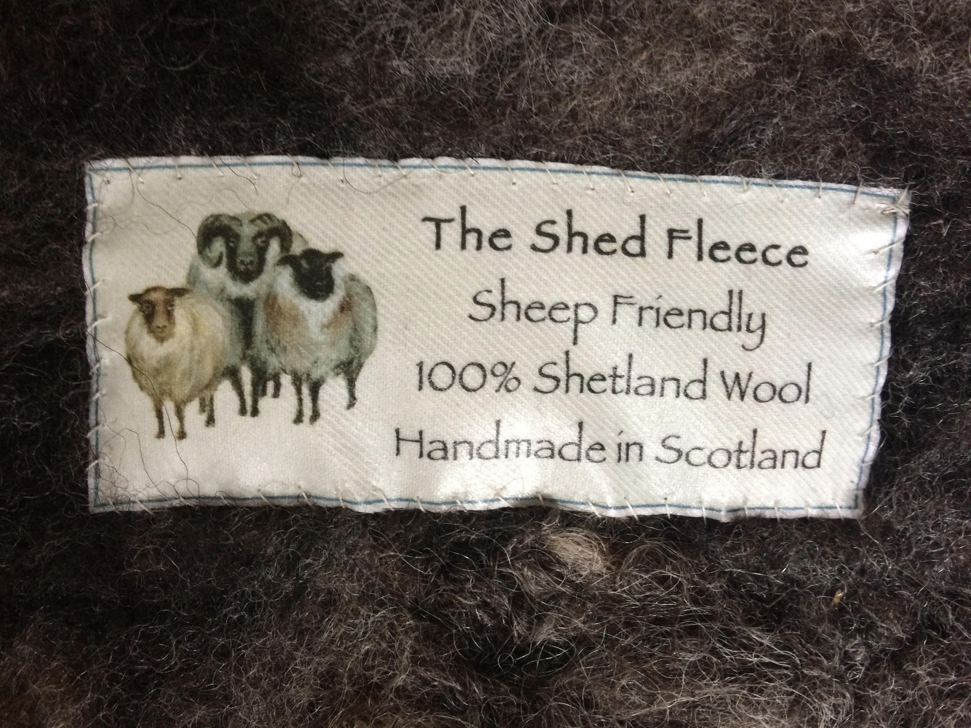 The Shed Fleece label - Sheep Friendly - !00% Shetland Wool - Handmade in Scotland